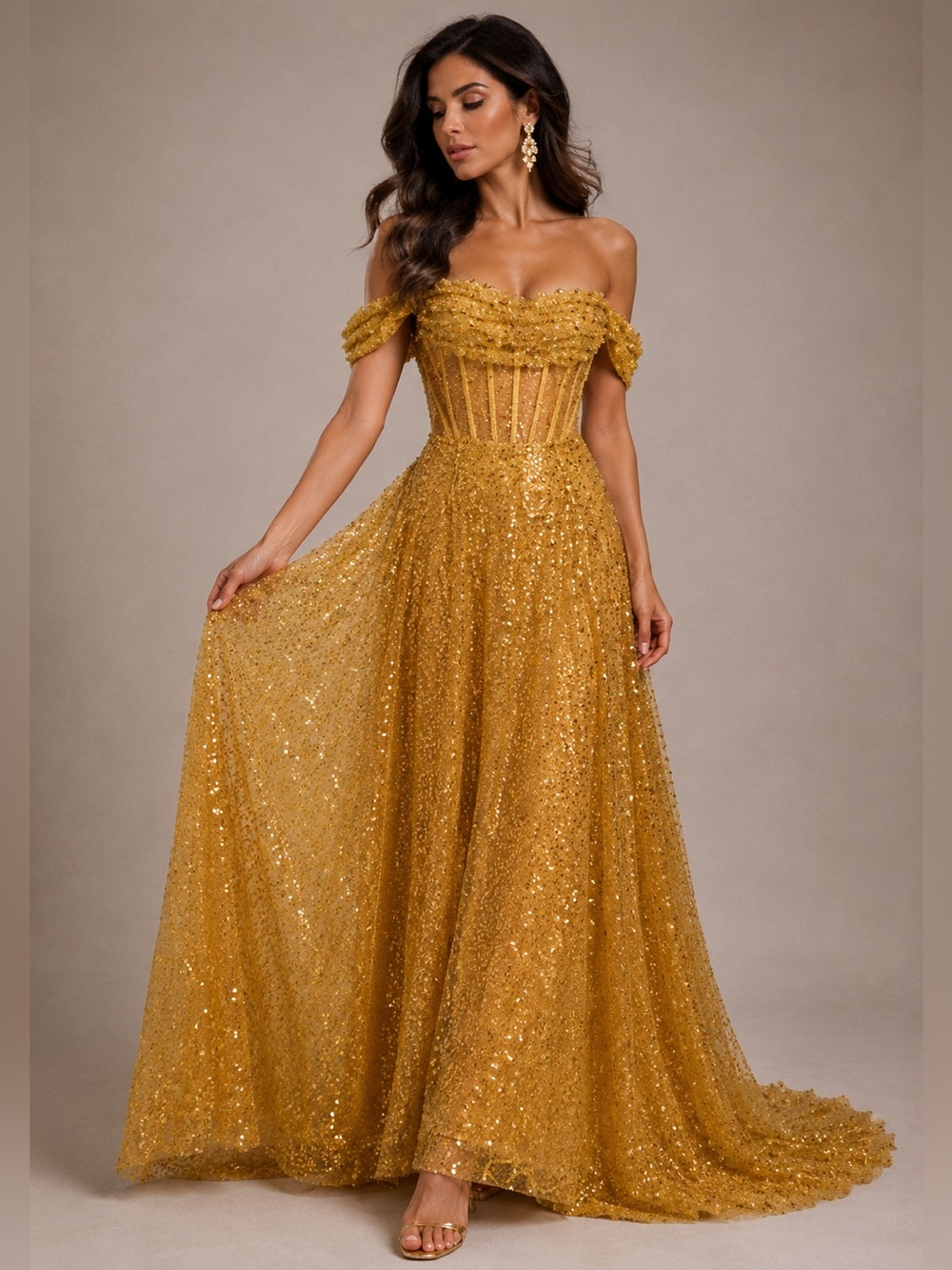 Gold Sequin Pearl Corset Gown Off Shoulder Evening Gala Pageant Dress NWT